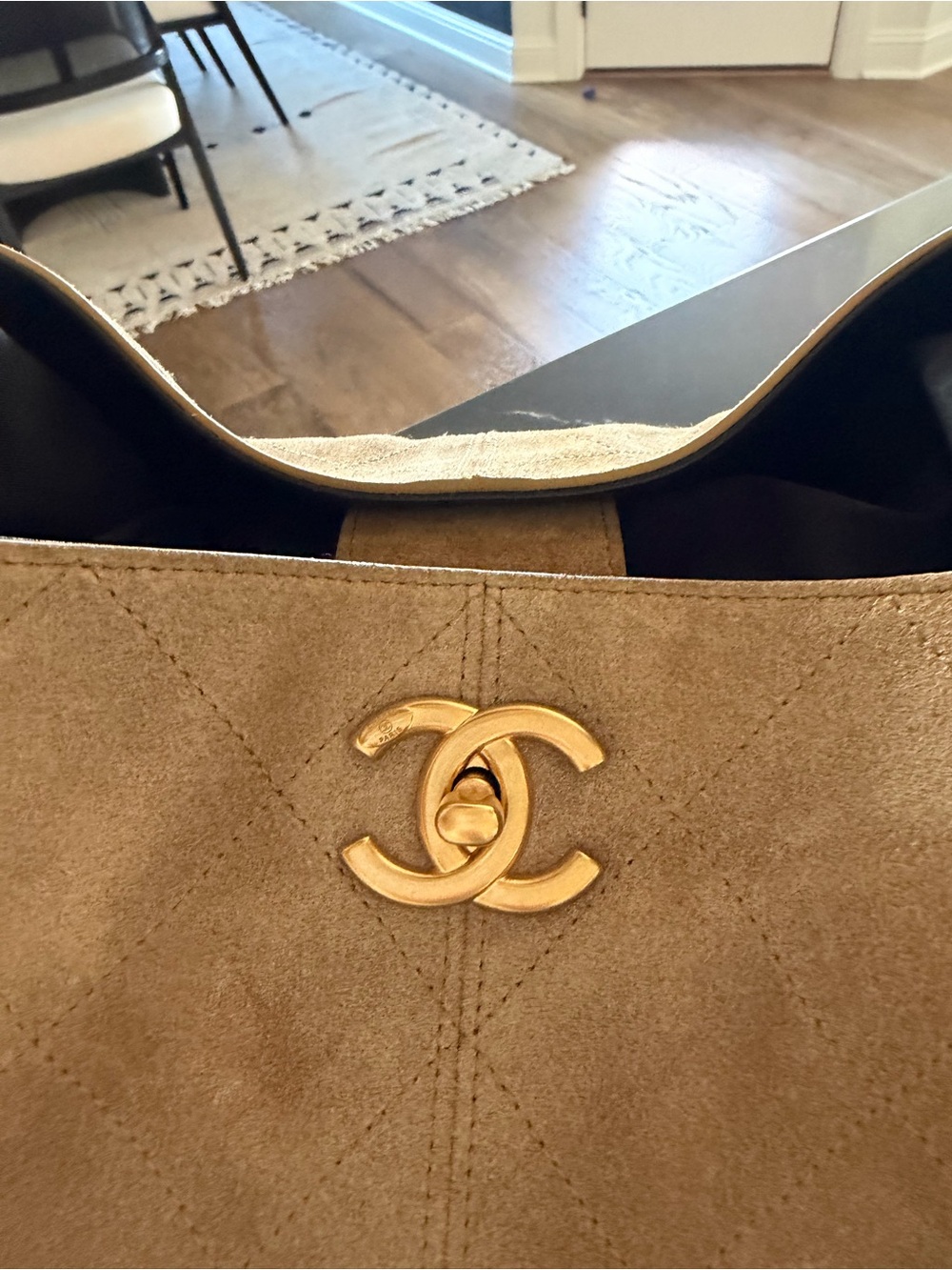 Chanel Two-Tone Suede & Leather Shoulder Bag in Beige and Black - Picture 12 of 16